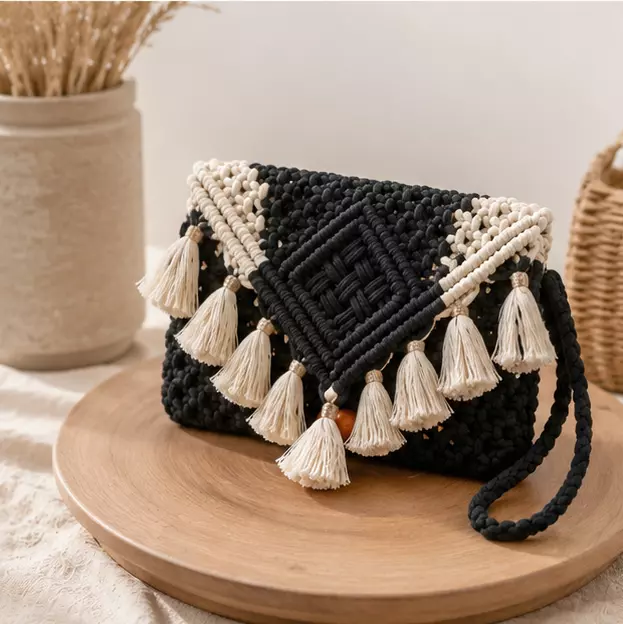 Black & Ivory Macrame Clutch with Gold Tassels & Diamond Weave Panel