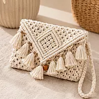 Natural Ivory Macrame Clutch Bag with Gold-Capped Tassel Fringe