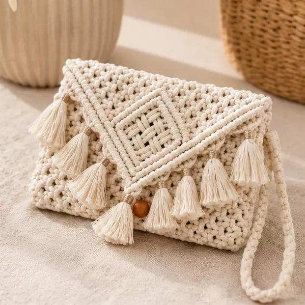 Natural Ivory Macrame Clutch Bag with Gold-Capped Tassel Fringe