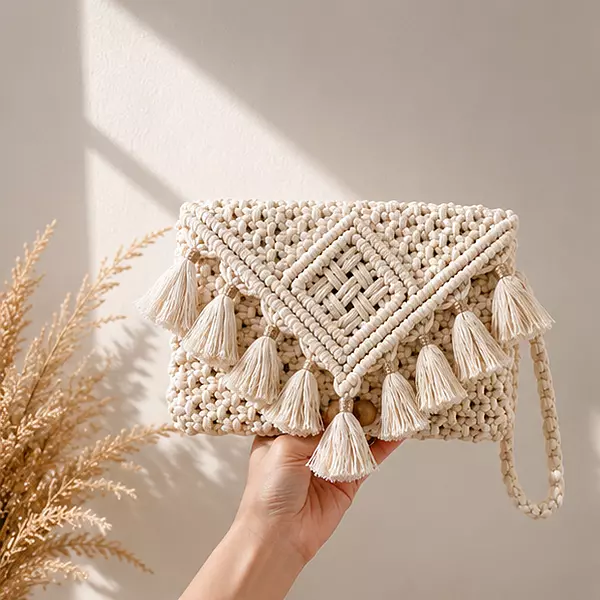 Natural Ivory Macrame Clutch with Gold Tassels & Diamond Weave Panel