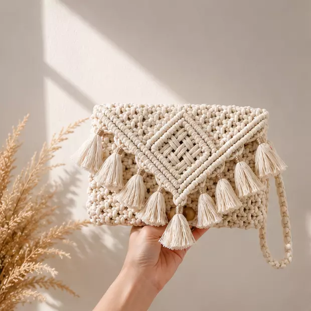 Natural Ivory Macrame Clutch with Gold Tassels & Diamond Weave Panel