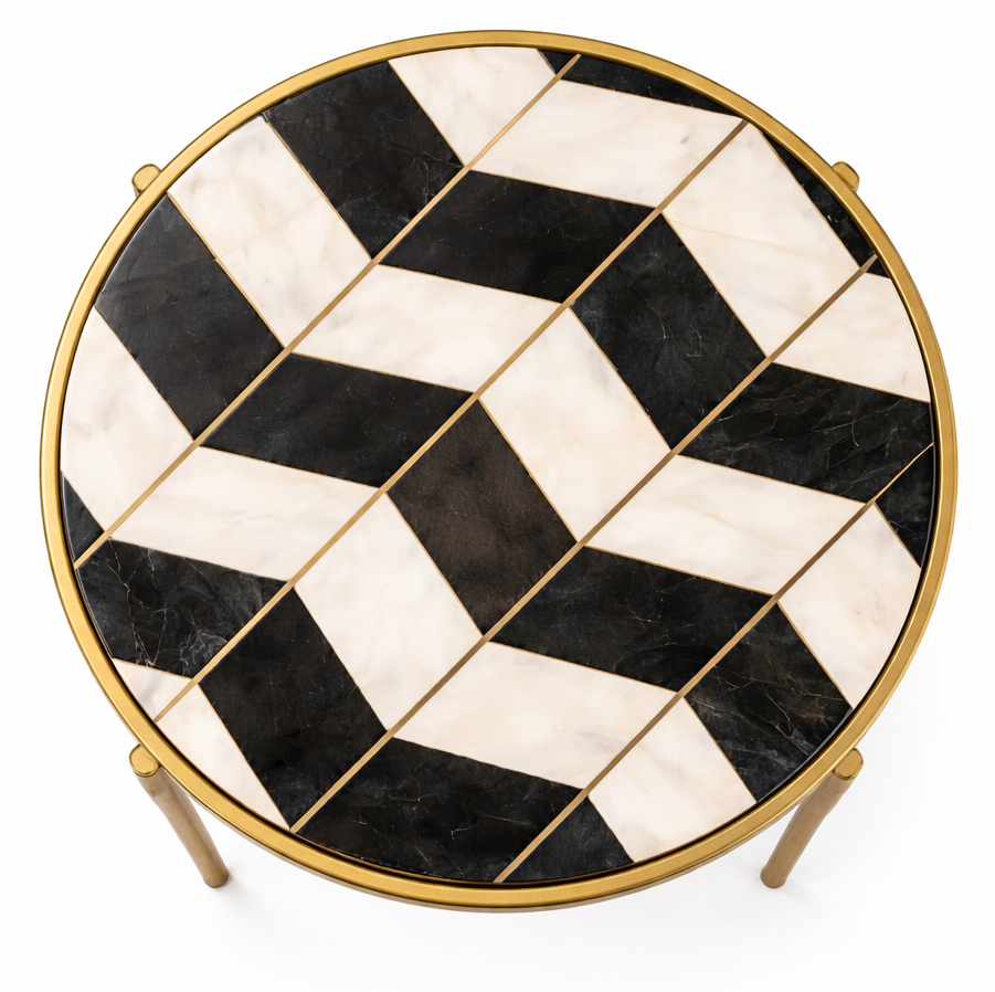 Blake Coffee Table in white & black marble with Brass Inlay and antique brass finish