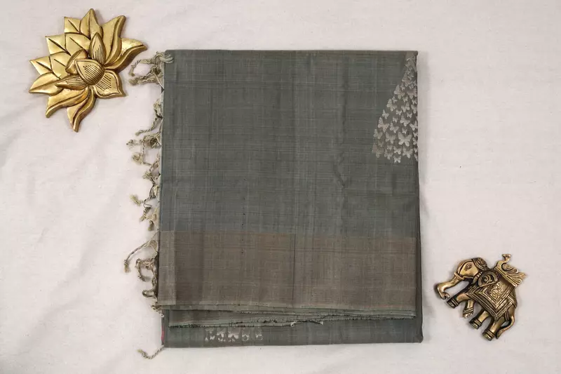 Grey Ikat Silk Saree with Doll Motifs & Handwoven Border and ikat blouse | Handloom Saree