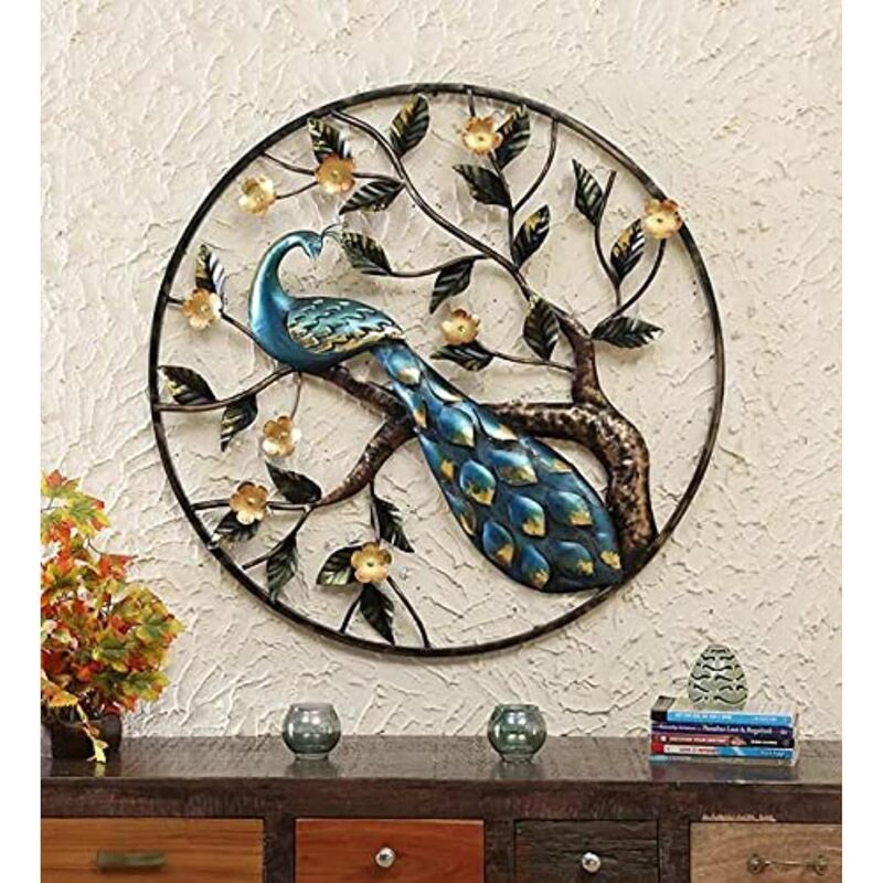 DAD Metal Peacock Wall Art Circular Sculpture for Living Room, Bedroom - Size (36x2x36 Inches)