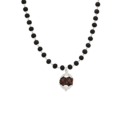Silver Tied Wooden Beads ebony Mala (Black) with Rudraksha Pendant Silver Tied Wooden Beads ebony Mala (Black) with Rudraksha Pendant