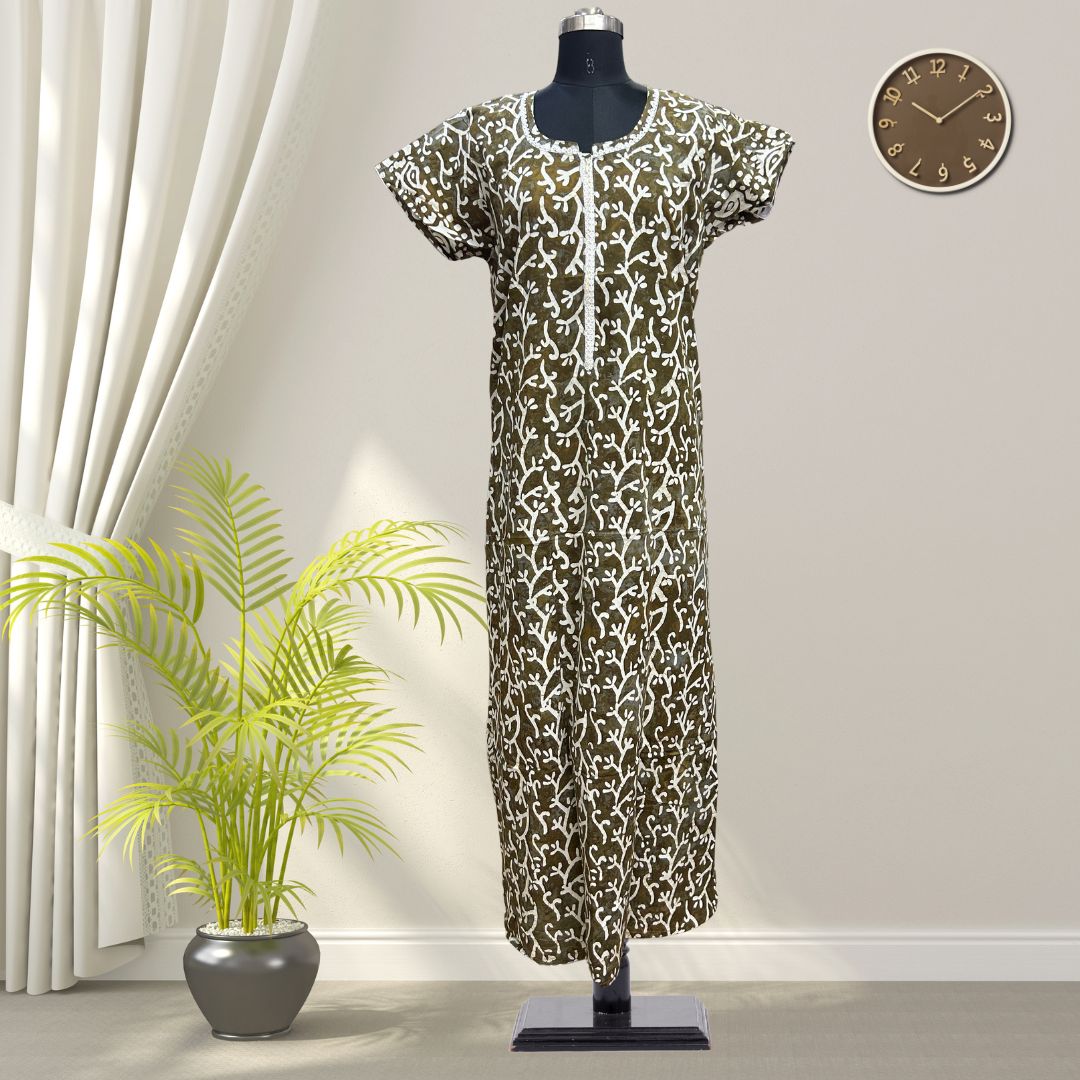 Dark Green Batik Cotton Nighty With All Over From Libas Loungewear - AL1092