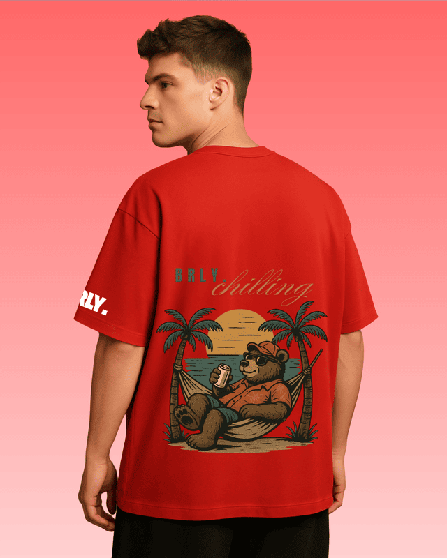 Unisex Red Beach Bear Graphic Printed Oversized Tee