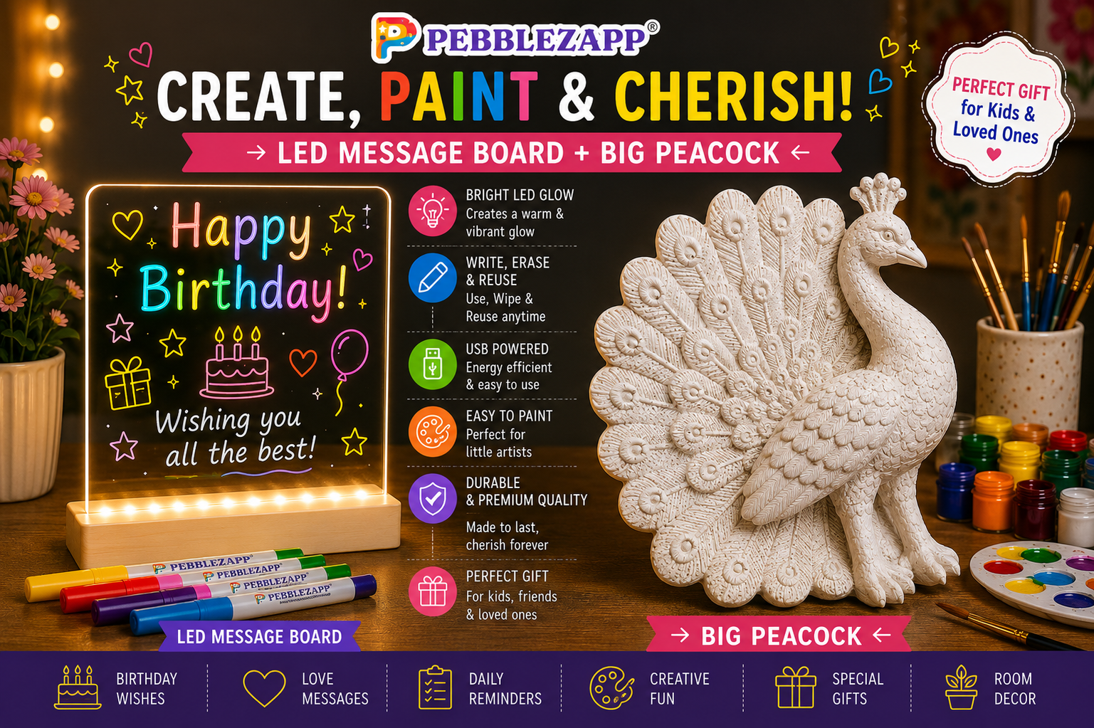 Pebblezapp LED Acrylic Writing Board with Light & 7 Pens | 8x8 in DIY 3D with Big Peacock