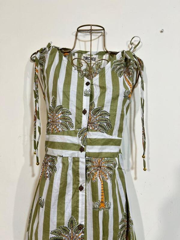 Leher's Sleeve-Less Fit & Flare Dress - White & Green Stripes with Palms