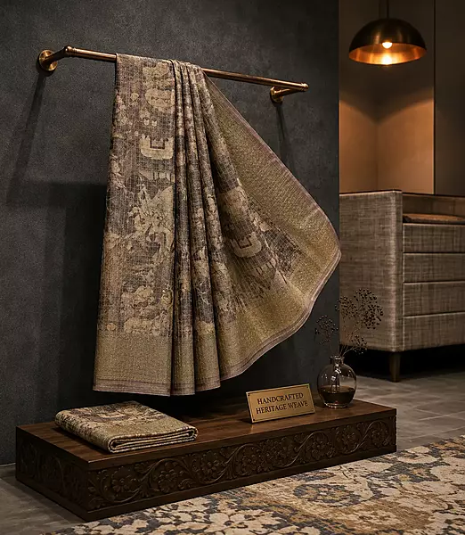 Beige Printed Semi Tussar Silk Saree with Textured Border