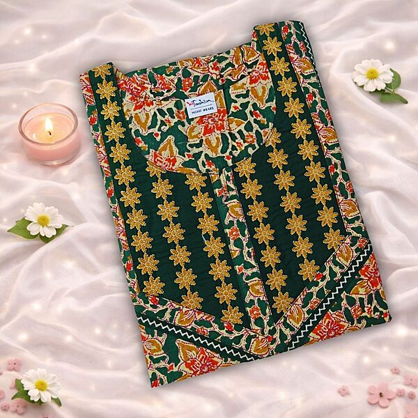 Sandy Pine GreenCotton Nighty With Geometric Print All Over From Libas Loungewear - AL1144