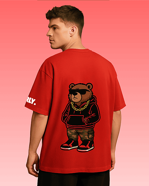Unisex Red Thug Bear Graphic Printed Oversized Tee