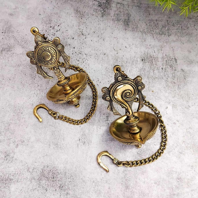 Brass Shank Chakra Hanging Lamp Set - 21 inch Height | Decorative Brass Hanging Lamp Set with Shank and Chakra Design