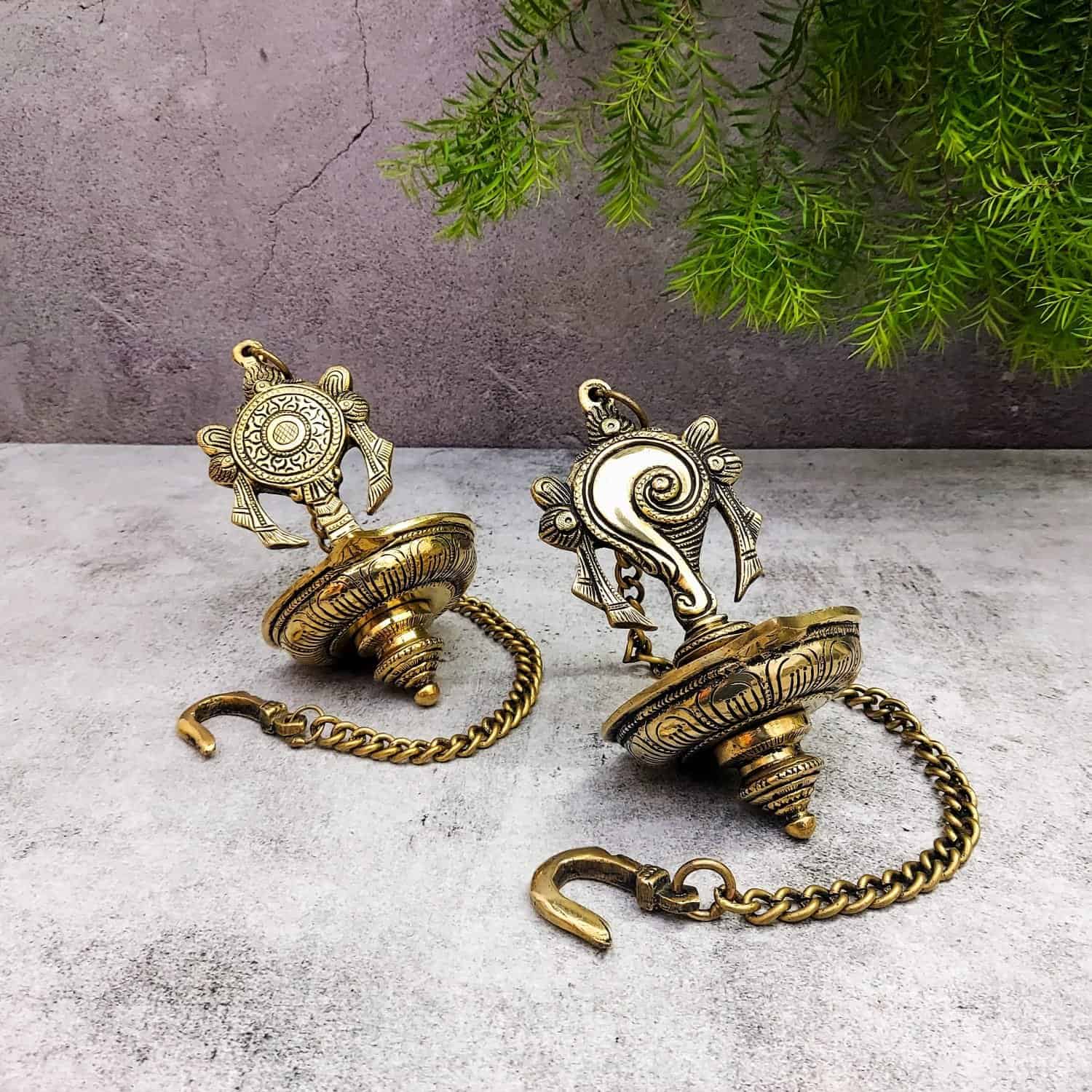 Brass Shank Chakra Hanging Lamp Set - 21 inch Height | Decorative Brass Hanging Lamp Set with Shank and Chakra Design