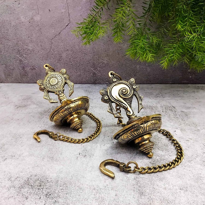 Brass Shank Chakra Hanging Lamp Set - 21 inch Height | Decorative Brass Hanging Lamp Set with Shank and Chakra Design