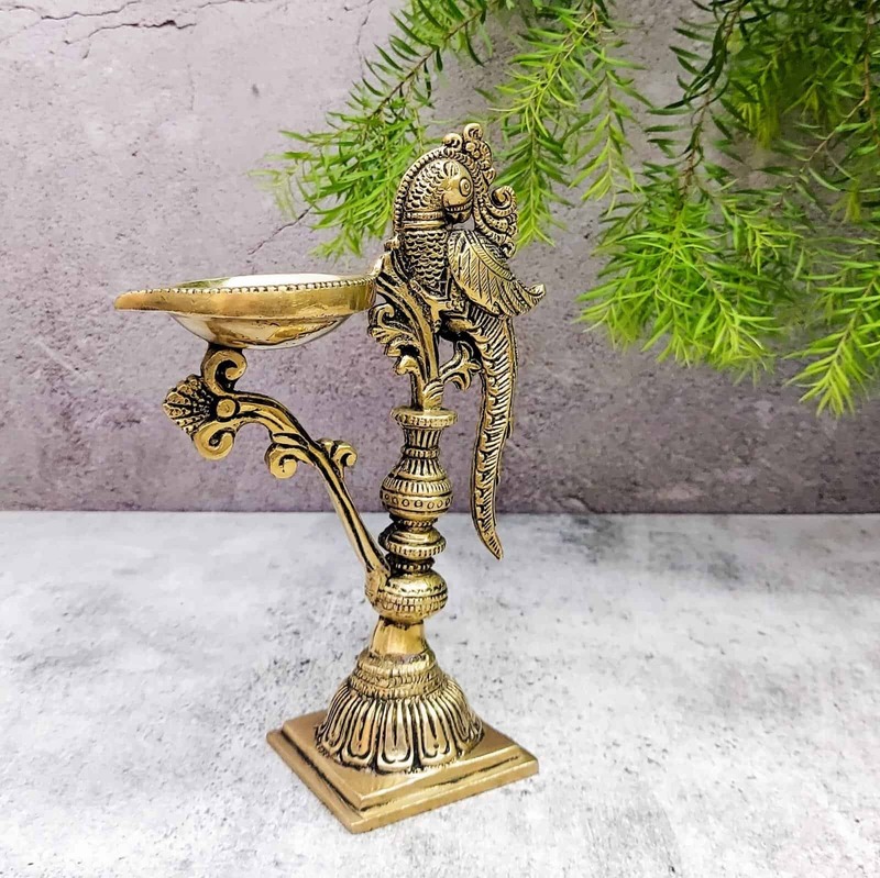Brass Bird Diya - 7.5 inch Height | Decorative Brass Diya with Bird Design