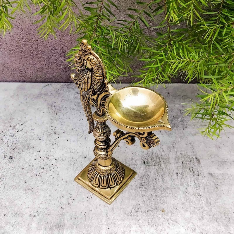 Brass Bird Diya - 7.5 inch Height | Decorative Brass Diya with Bird Design