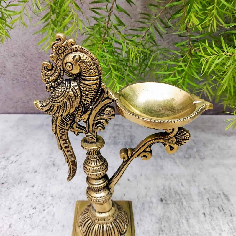 Brass Bird Diya - 7.5 inch Height | Decorative Brass Diya with Bird Design