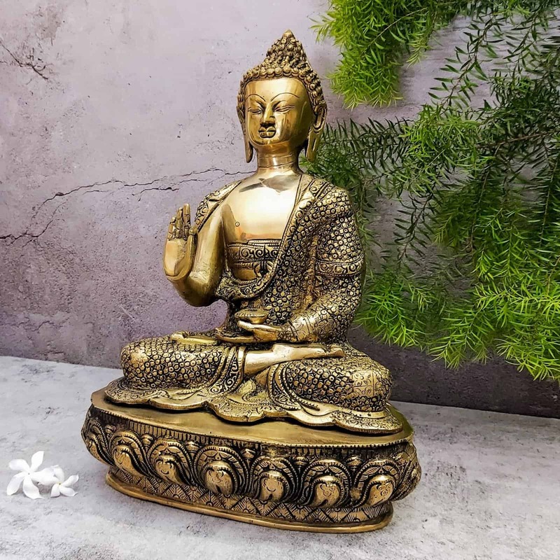 Brass Buddha Idol - 16 inch Height | Serene Brass Buddha Sculpture for Meditation