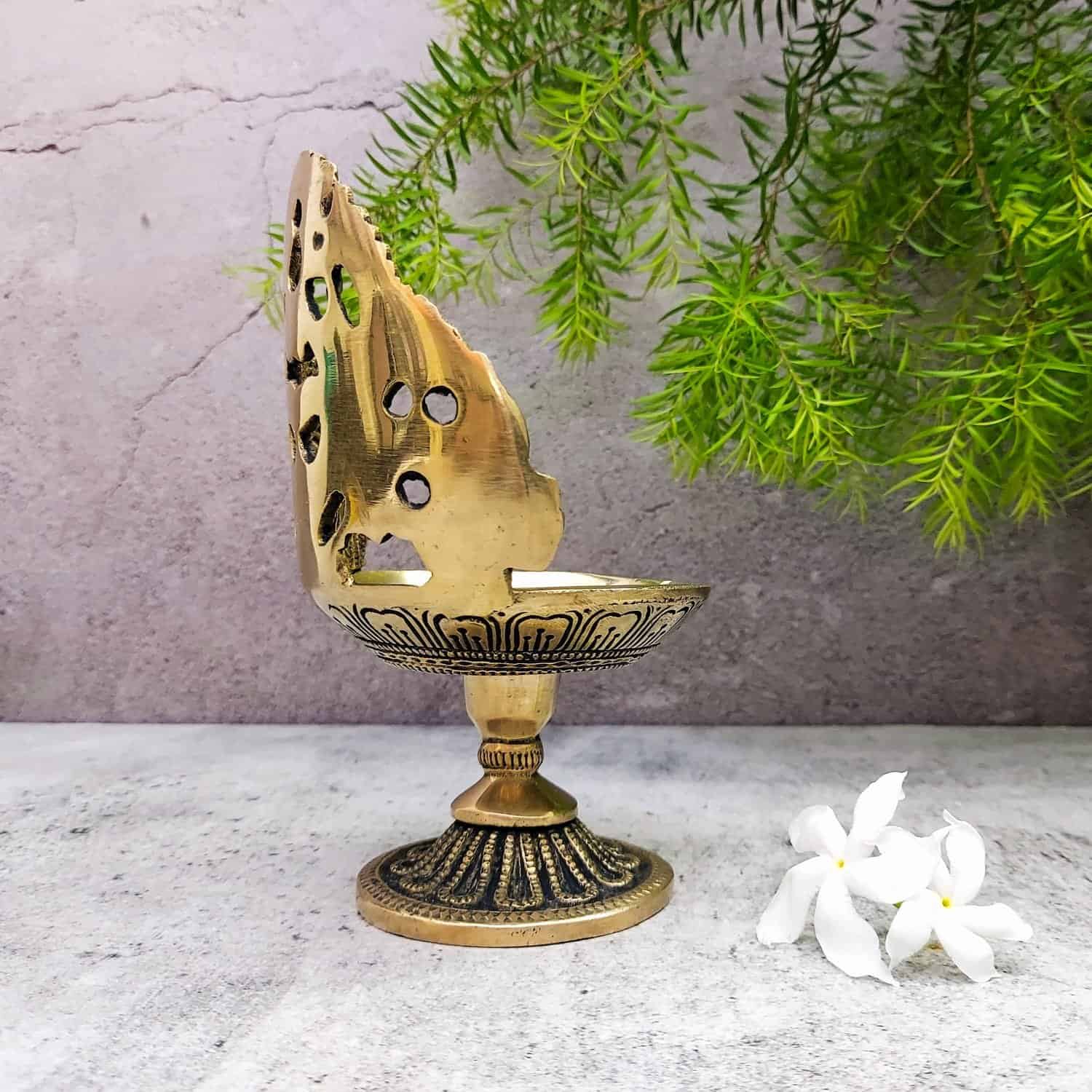 Brass Designer Diya - 6 inch Height | Exquisite Brass Diya with Unique Design
