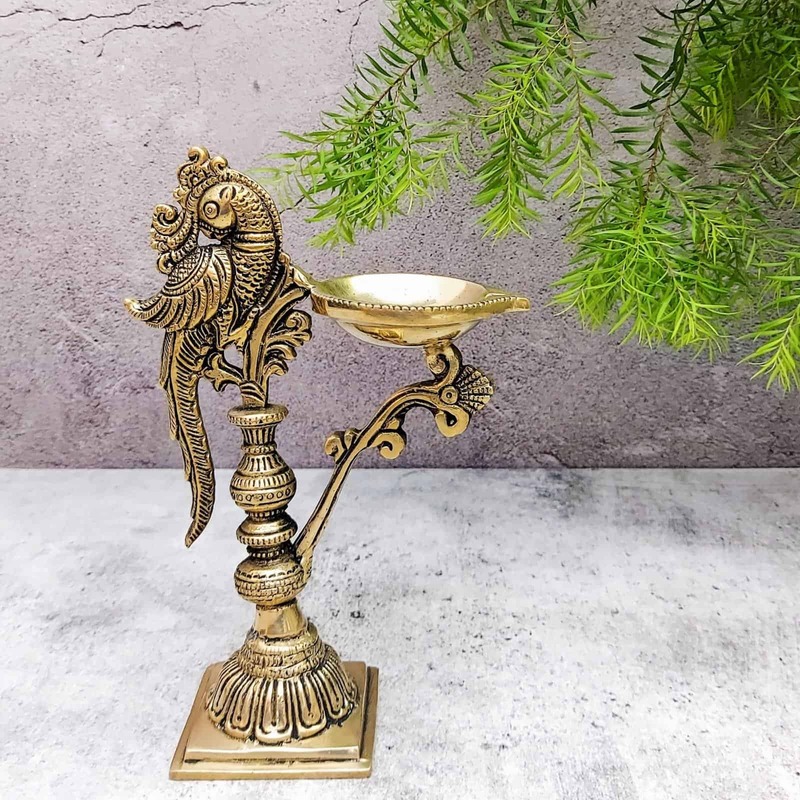 Brass Bird Diya - 7.5 inch Height | Decorative Brass Diya with Bird Design