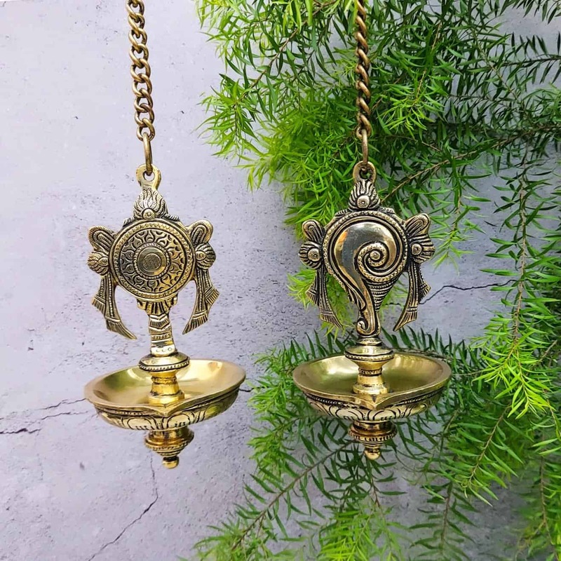 Brass Shank Chakra Hanging Lamp Set - 21 inch Height | Decorative Brass Hanging Lamp Set with Shank and Chakra Design