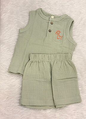 Muslin Crinkle Sleeveless Co-Ord Set - Olive Mist