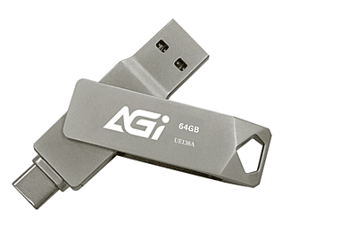 AGI Metal DualPort Flash Drive, 64 GB, Silver, UE138A
