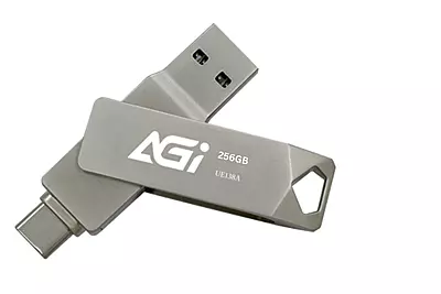 AGI Metal DualPort Flash Drive, 256 GB, Silver, UE138A
