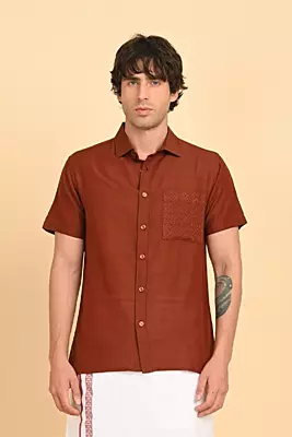 Men Short Sleeve Ethnic Shirt - Brown