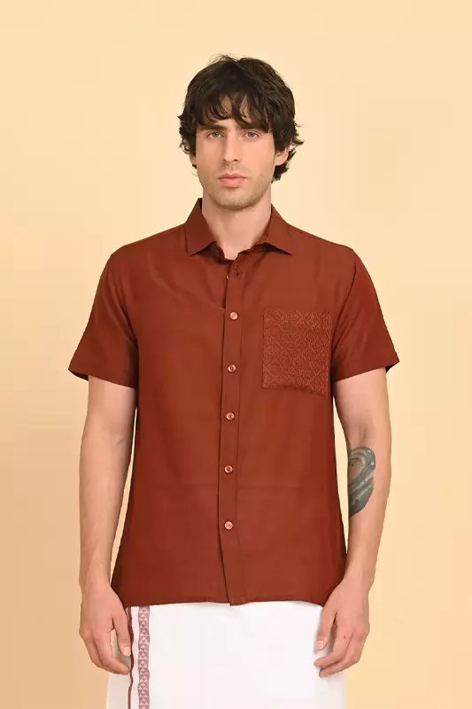Men Short Sleeve Ethnic Shirt - Brown