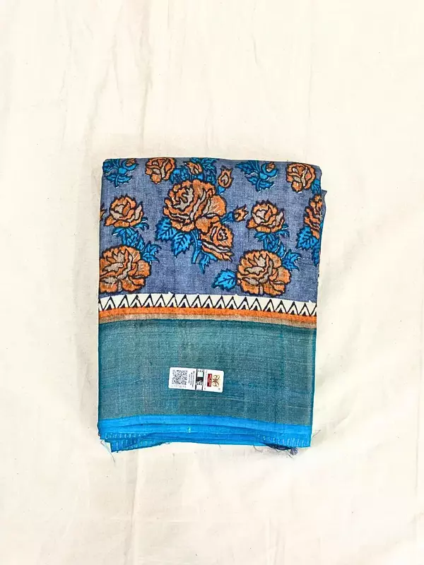 Blue Tussar Silk Saree with Floral Print & Zari Border