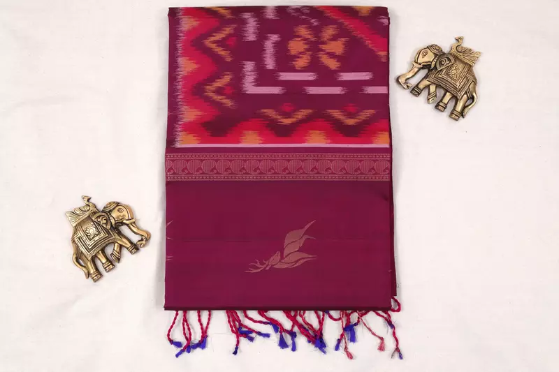 Magenta Ikat Silk Saree with Deer Zari Motifs & Handwoven Border & ikat blouse | Handloom Saree