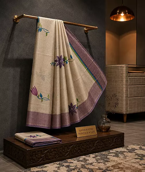 Tussar Silk Saree with Purple Border & Floral Design | Elegant Handloom Saree