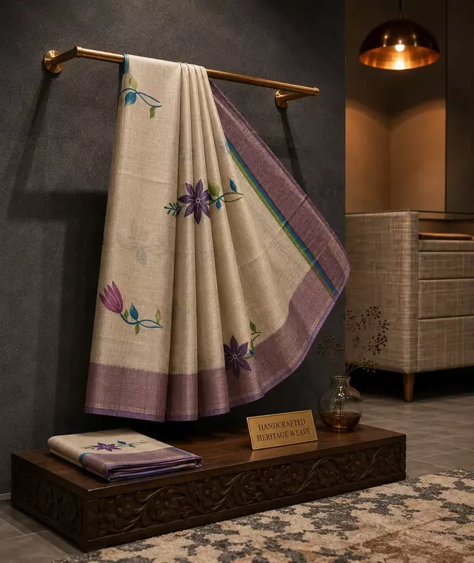 Tussar Silk Saree with Purple Border & Floral Design | Elegant Handloom Saree