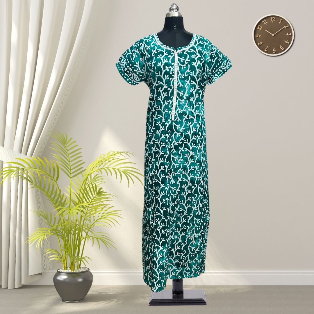 Bluish Green Batik Cotton Nighty With All Over From Libas Loungewear - AL1094