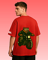 Unisex Red Biker Bear Graphic Printed Oversized Tee