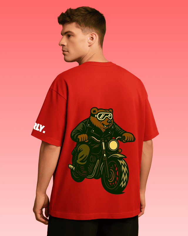 Unisex Red Biker Bear Graphic Printed Oversized Tee