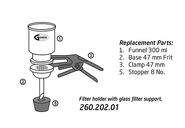 Glass Filter Holder Assembly with Funnel, Glass Filter Support, Fritted Base, Stopper Clamp 47 mm GC