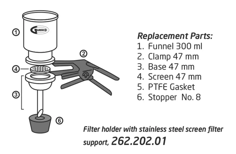 Glass Filter Holder Assembly with Funnel, SS Screen Filter Support 47 mm GC