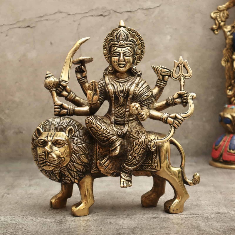 Brass Goddess Durga Maa on Lion for Home Temple - 9.5 inch Height | Graceful Brass Idol of Goddess Durga Maa on Lion for Sacred Devotion