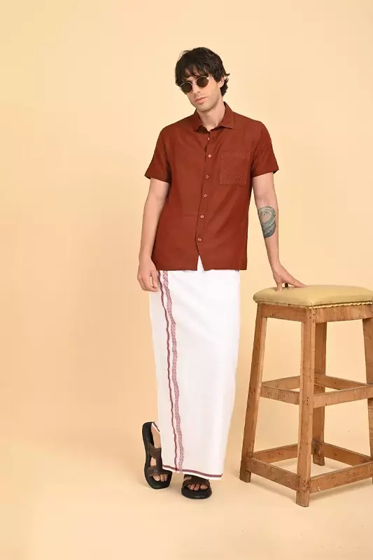 Men Short Sleeve Ethnic Shirt - Brown