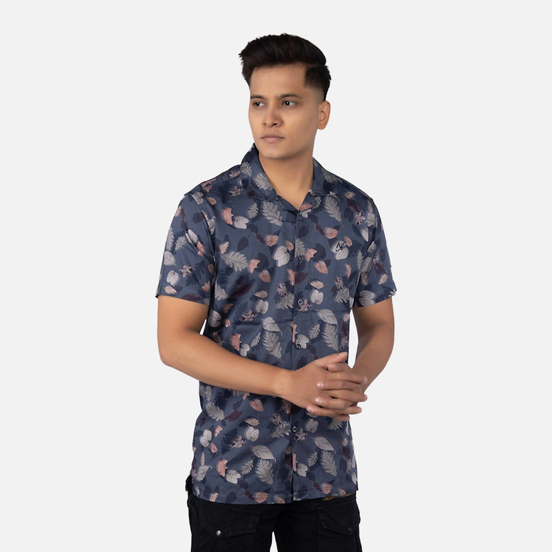 Men Slate Grey  Floral Printed Hawaiian Shirt