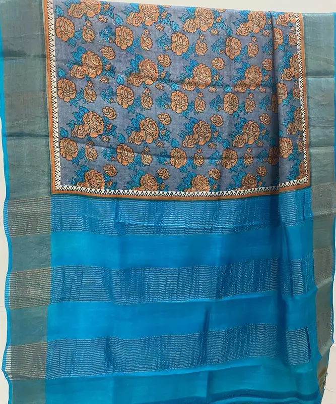Blue Tussar Silk Saree with Floral Print & Zari Border