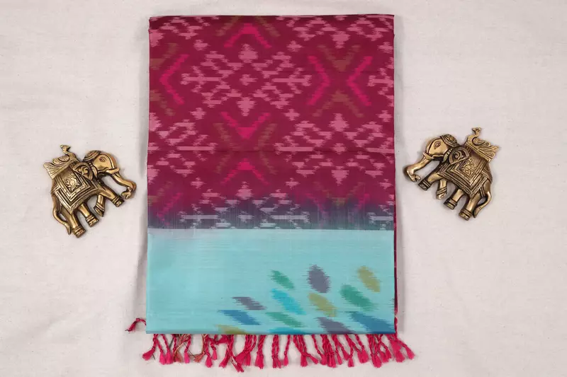 Sky Blue Ikat Silk Saree with Tree Motifs & Contrast Maroon Border & Ikat blouse| Handloom Saree