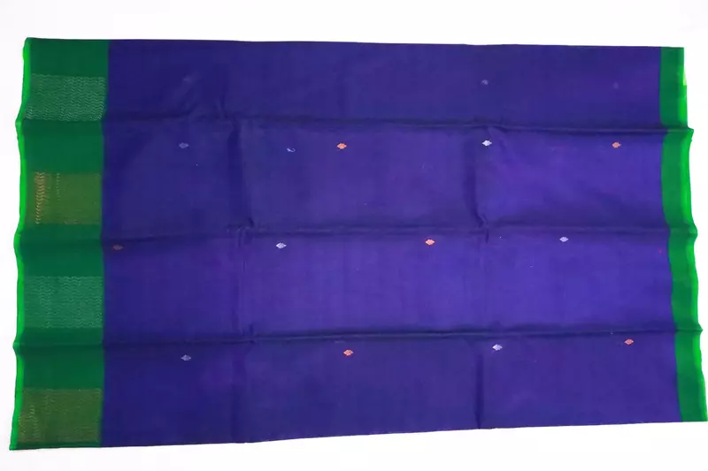 Navy Blue Silk Cotton Saree with Green Border & Subtle Butta Design