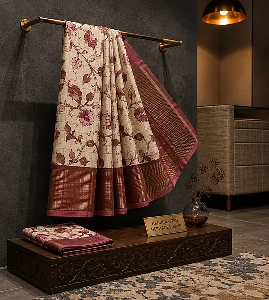 Pink Floral Tussar Silk Saree | Elegant Handloom Cream & Pink Silk Saree