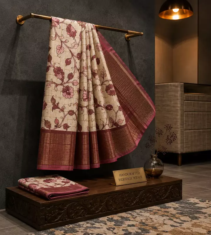 Pink Floral Tussar Silk Saree | Elegant Handloom Cream & Pink Silk Saree