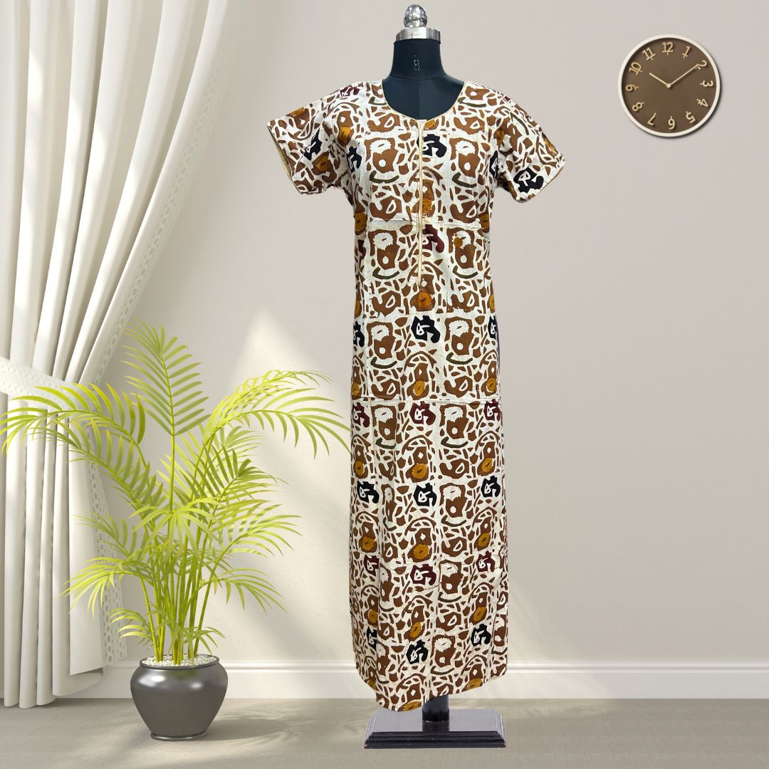 Ashy Brown Batik Cotton Nighty With All Over From Libas Loungewear - AL1095