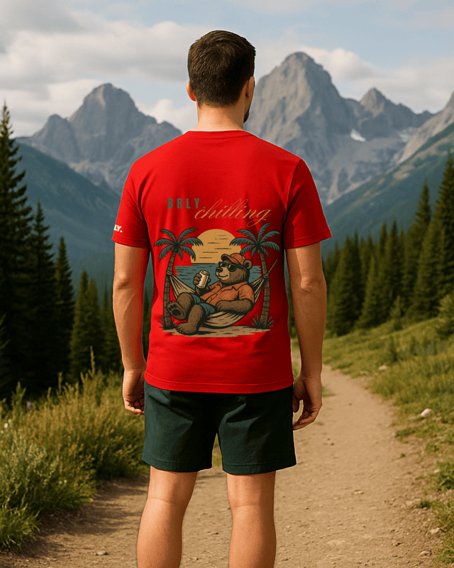 Unisex Red Beach Bear Graphic Printed Crew Neck Tee